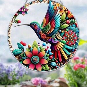 Colorful Suncatcher Hummingbird and Floral Wall Art